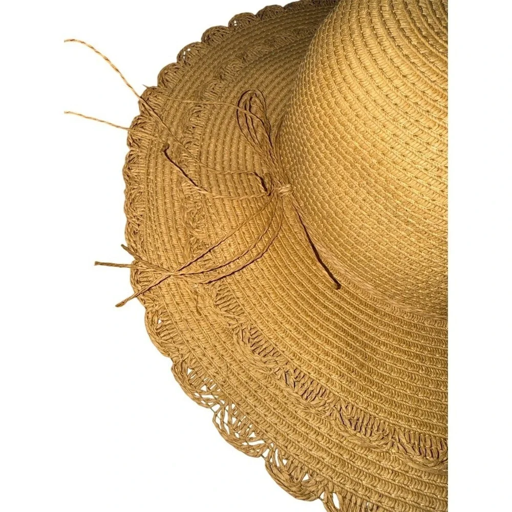 Shebobo Sun Hat Womens One Size Beige Wide Brim Scalloped Edge Beach Boho resort